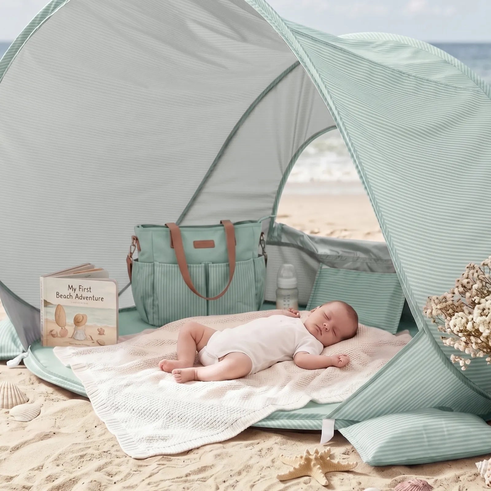 A baby naps on a blanket inside the Tiny Land® 4-in-1 Baby Beach Tent & Sand Toy Set by Tiny Land, surrounded by a diaper bag, bottle, My First Beach Adventure book, and seashells, with sand and water play near the ocean in view.|Green
