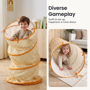 One child stands inside a tall, yellow gingham Tiny Land® Adventure Play Tunnel, while another child crawls through the same tunnel positioned horizontally on the floor.|Yellow