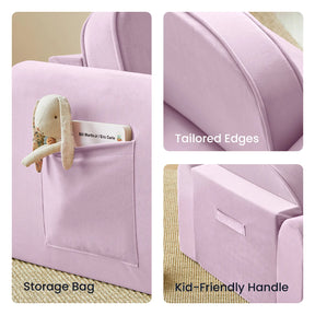 Three views of a light purple Tiny Land® Cozy Nook – Playhouse Tent & GentleSnug Kid Chair, highlighting a side storage pocket with a toy, tailored edges, and a handle on the back.|Pink