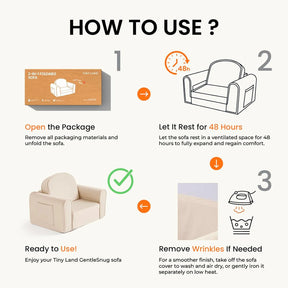 Follow the four-step instructional guide for setting up your Tiny Land® GentleSnug Corduroy Kid Chair: open the package, allow the chair to rest for 48 hours, optionally smooth out wrinkles, and enjoy your fully assembled seat. Ideal as a kids’ lounger or toddler chair, this stylish piece from Tiny Land combines corduroy comfort and charm for any room.|Soft Teal