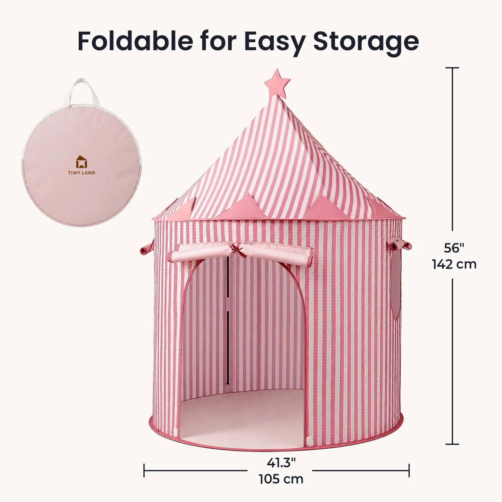 The Tiny Land® Kids Tent – Indoor Tent for Toddlers by Tiny Land features pink and white stripes with a star on top, and comes shown both assembled and folded in its convenient round carrying case. Foldable for easy storage, this playhouse is perfect for indoor fun. Dimensions: 56″ (142 cm) tall and 41.3″ (105 cm) wide.|Pink