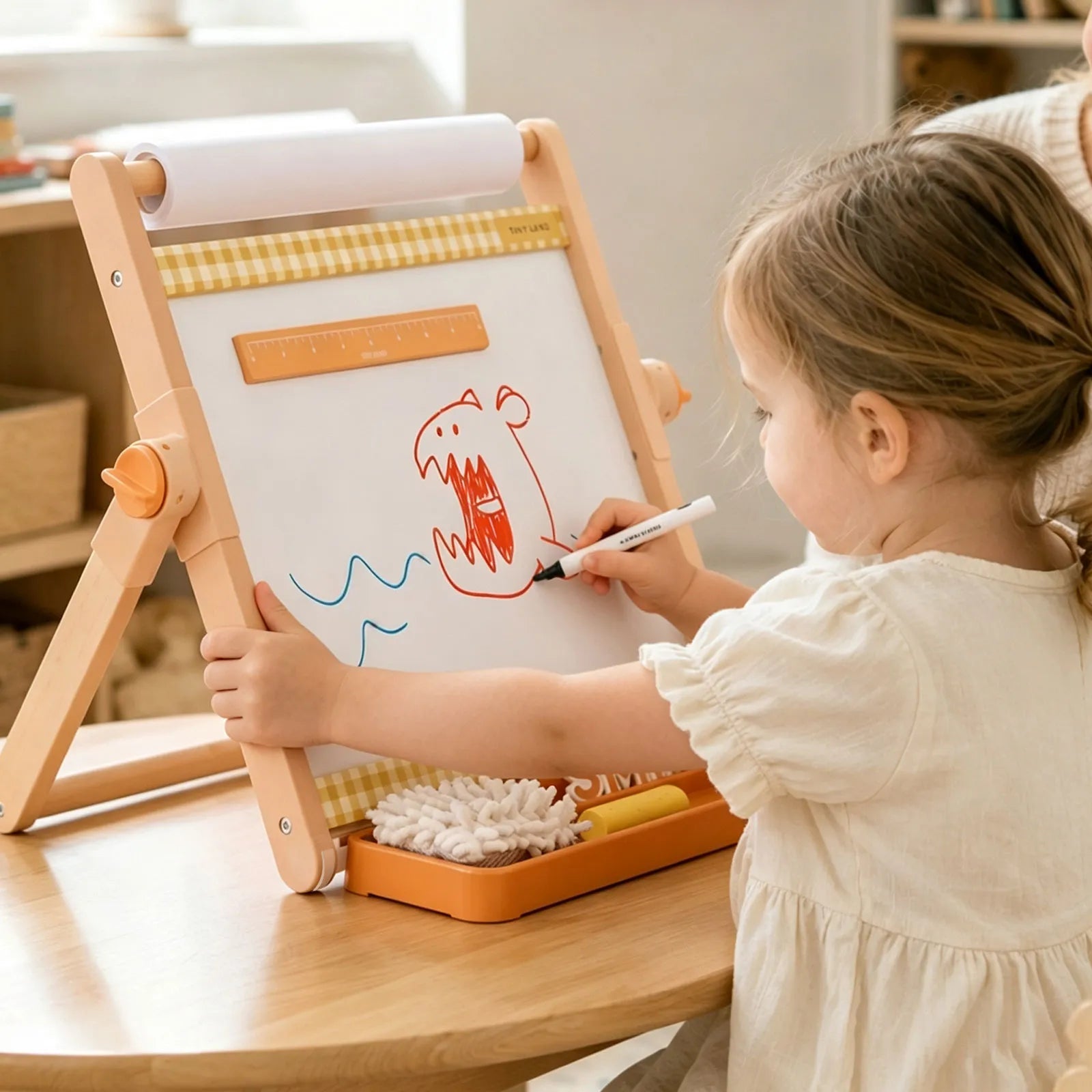 A young child brings imaginative scenes to life, drawing a red, open-mouthed monster and blue waves on the Tiny Land® Double-Sided Magnetic Tabletop Easel by Tiny Land, their own cozy art station bathed in gentle light.|Oatmeal