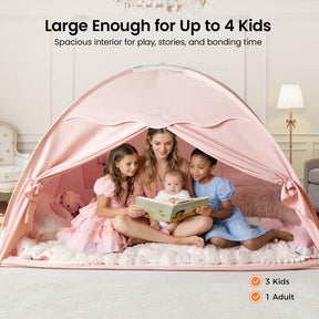 A woman and three children read together inside the Tiny Land® Kids Bed Tent. Text above says “Large Enough for Up to 4 Kids,” with icons below showing “3 Kids” and “1 Adult.”.|Pink