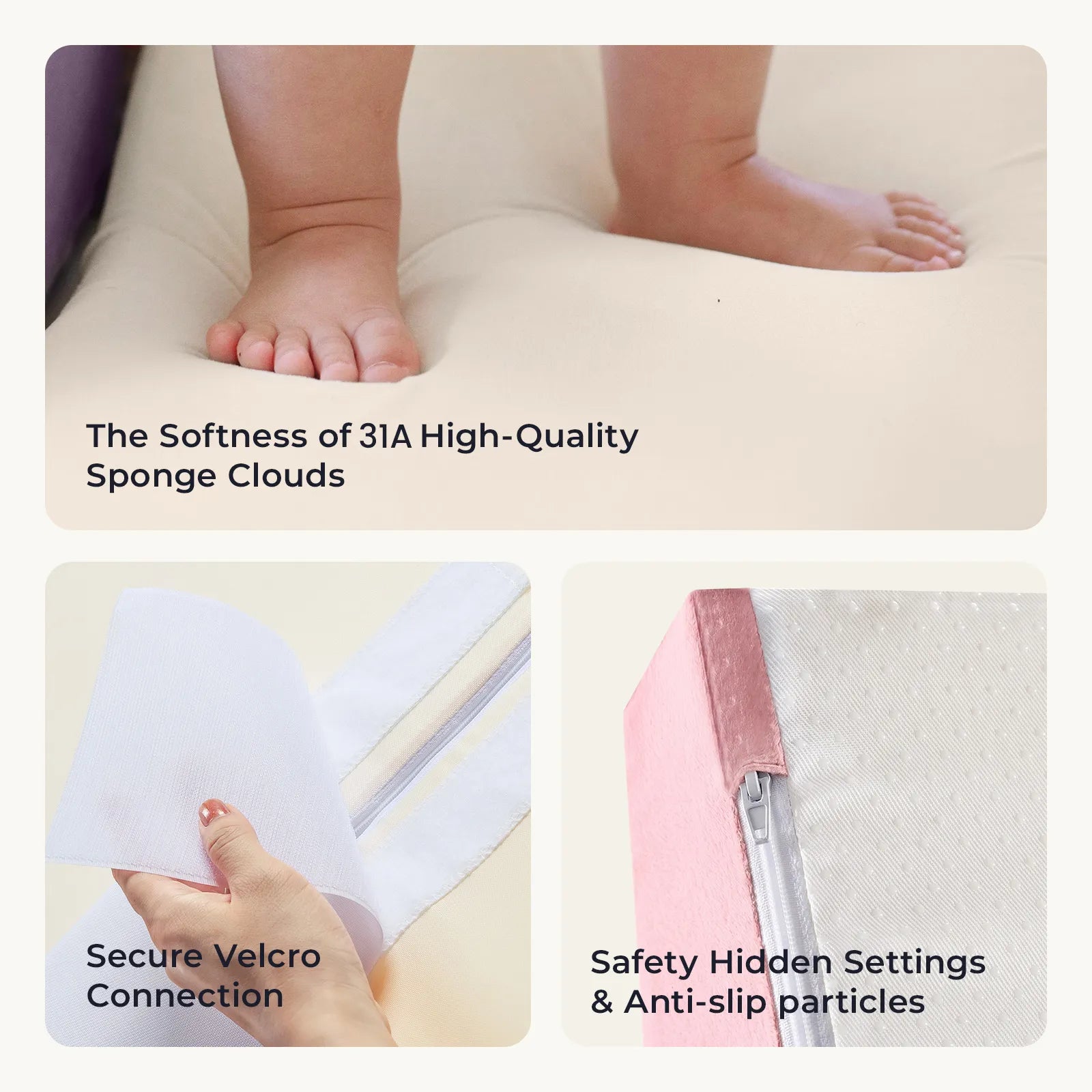 Tiny Land® PlayNest Climbing Blocks - Violet by Tiny Land: Show a baby’s feet pressed into the soft cushion, a hand connecting the sturdy Velcro, and a close-up of the rounded corner highlighting the hidden zipper and anti-slip dots. Text highlights safe 31A sponge construction, reliable Velcro fasteners, and built-in safety features—offering perfect details for any toddler climbing toy or foam play set in your indoor obstacle course.