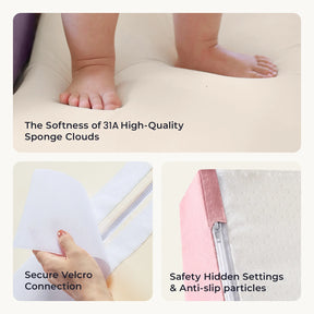 Tiny Land® PlayNest Climbing Blocks - Violet by Tiny Land: Show a baby’s feet pressed into the soft cushion, a hand connecting the sturdy Velcro, and a close-up of the rounded corner highlighting the hidden zipper and anti-slip dots. Text highlights safe 31A sponge construction, reliable Velcro fasteners, and built-in safety features—offering perfect details for any toddler climbing toy or foam play set in your indoor obstacle course.