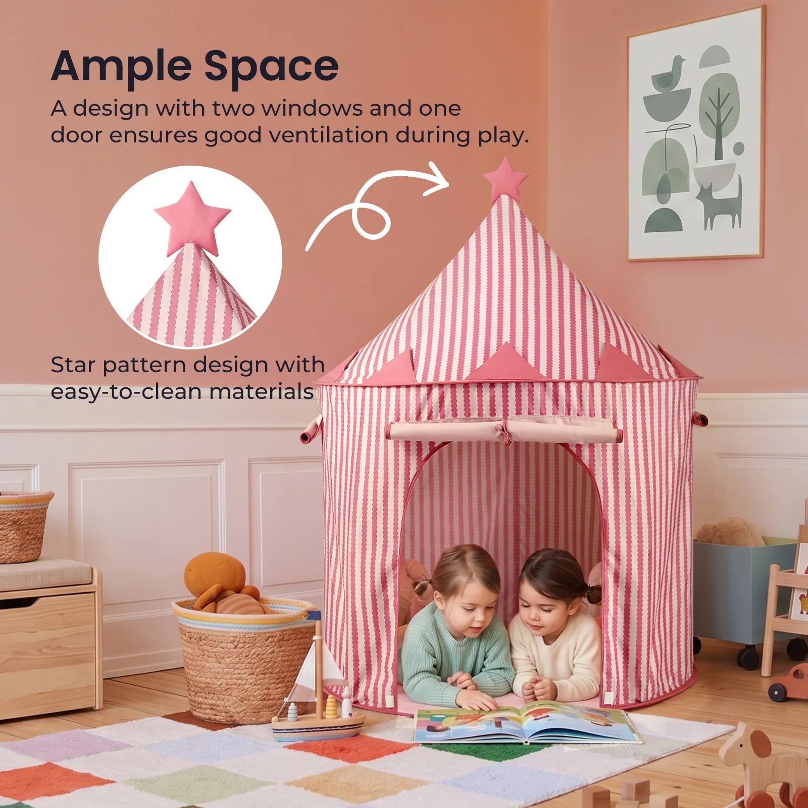 Two children sit and read inside the Tiny Land® Kids Tent – Indoor Tent for Toddlers, a pink-striped playhouse with a star topper. The cozy room features a rug, toy basket, wall art, and toy storage. Text highlights Tiny Land’s indoor playhouse for its ample space and easy-to-clean material.|Pink