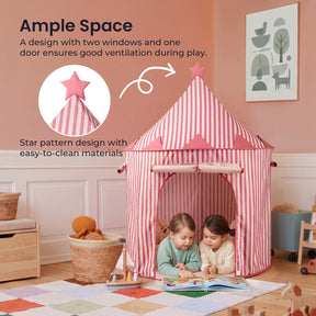 Two children sit and read inside the Tiny Land® Kids Tent – Indoor Tent for Toddlers, a pink-striped playhouse with a star topper. The cozy room features a rug, toy basket, wall art, and toy storage. Text highlights Tiny Land’s indoor playhouse for its ample space and easy-to-clean material.|Pink