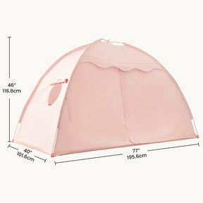 The Tiny Land® Kids Bed Tent by Tiny Land is a pink play tent with a rounded top, door, and circular window. Sized at 46" tall, 77" wide, and 40" deep, it’s the perfect indoor hideaway for hours of imaginative play.|Pink