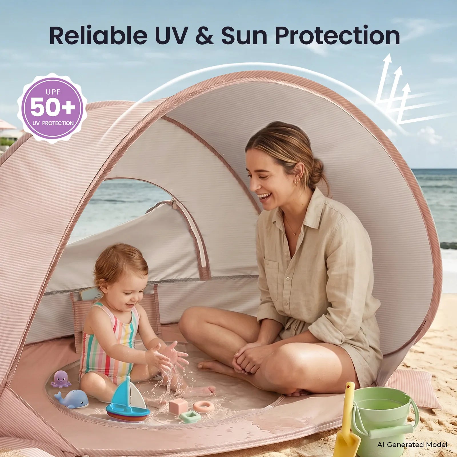 A woman and toddler play inside the Tiny Land® 4-in-1 Baby Beach Tent & Sand Toy Set on a sandy beach. The tent offers UPF 50+ UV protection, with beach toys and a bucket nearby. Text: Reliable UV & Sun Protection.|Pink