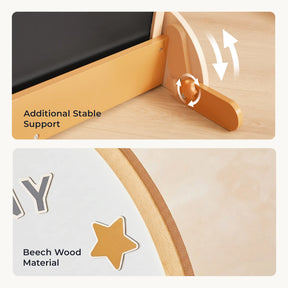 Close-up of the Tiny Land® Double-Sided Arched Magnet Chalkboard & Art Kit showcases its adjustable support and premium beech wood construction. One section highlights "Additional Stable Support," while the other emphasizes "Beech Wood Material"—each feature designed to ensure quality and functionality for young artists, making this Tiny Land kids' art easel both sturdy and inspiring.