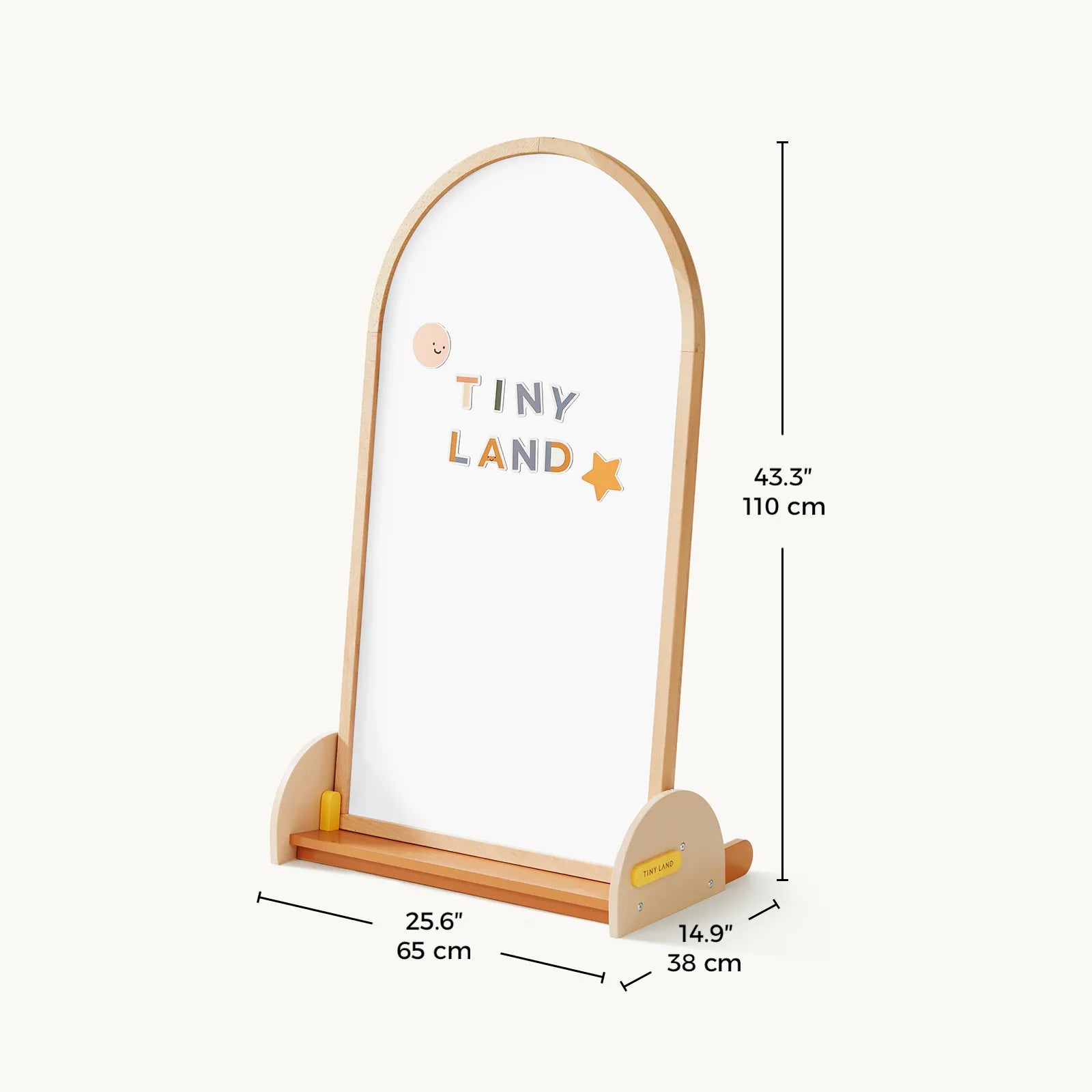The Tiny Land® Double-Sided Arched Magnet Chalkboard & Art Kit features a wooden frame and an arched design, with the TINY LAND logo and a star on its double-sided magnetic whiteboard. Measuring 43.3" (110 cm) tall, 25.6" (65 cm) wide, and 14.9" (38 cm) deep, this kids’ easel includes a convenient bottom tray for storing your favorite art accessory kit.