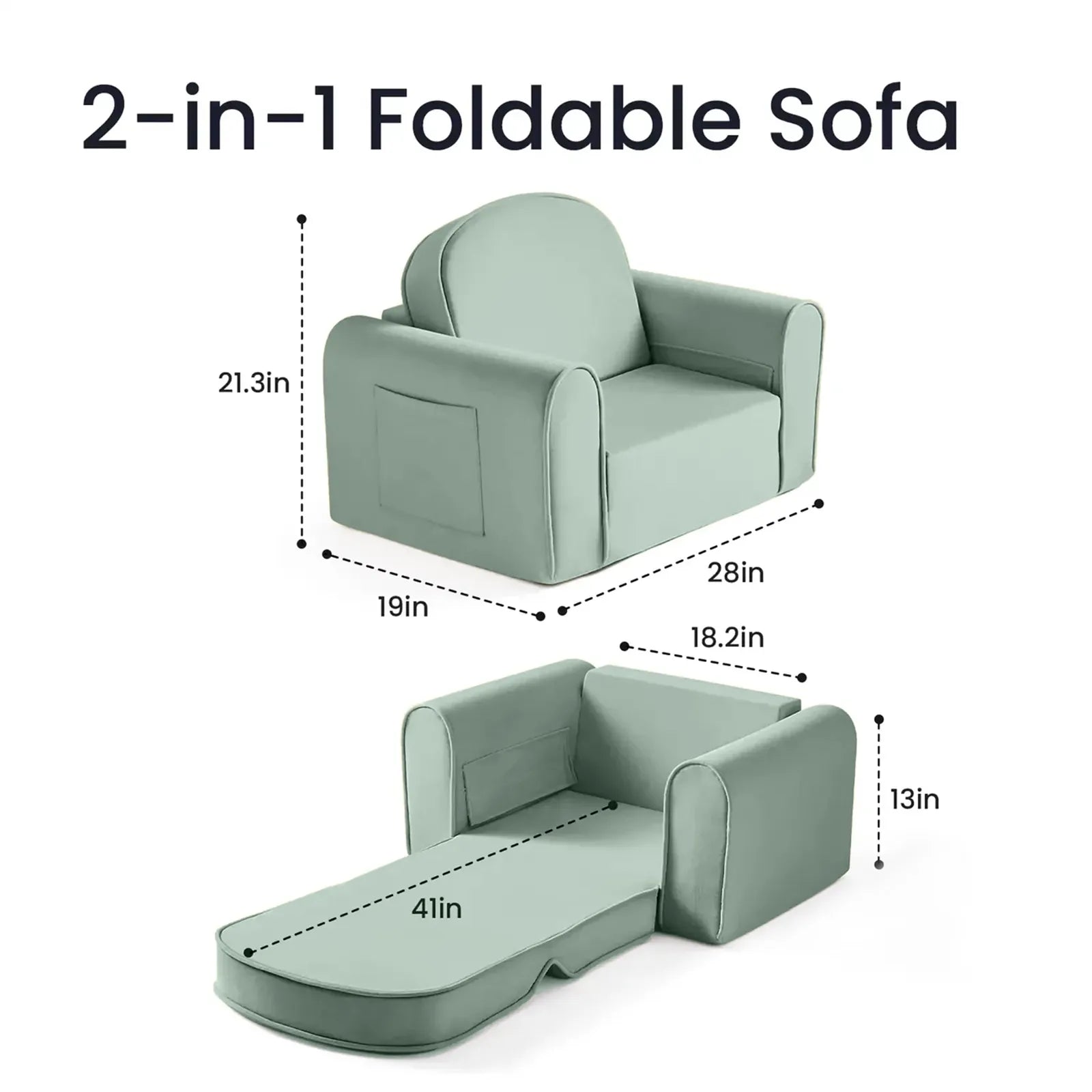 Tiny Land® GentleSnug Kids Sofa Chair by Tiny Land in light green shown as chair (21.3"H x 28"W x 19"D) and as lounger (41"L x 28"W x 13"H), with measurements clearly labeled for each position.