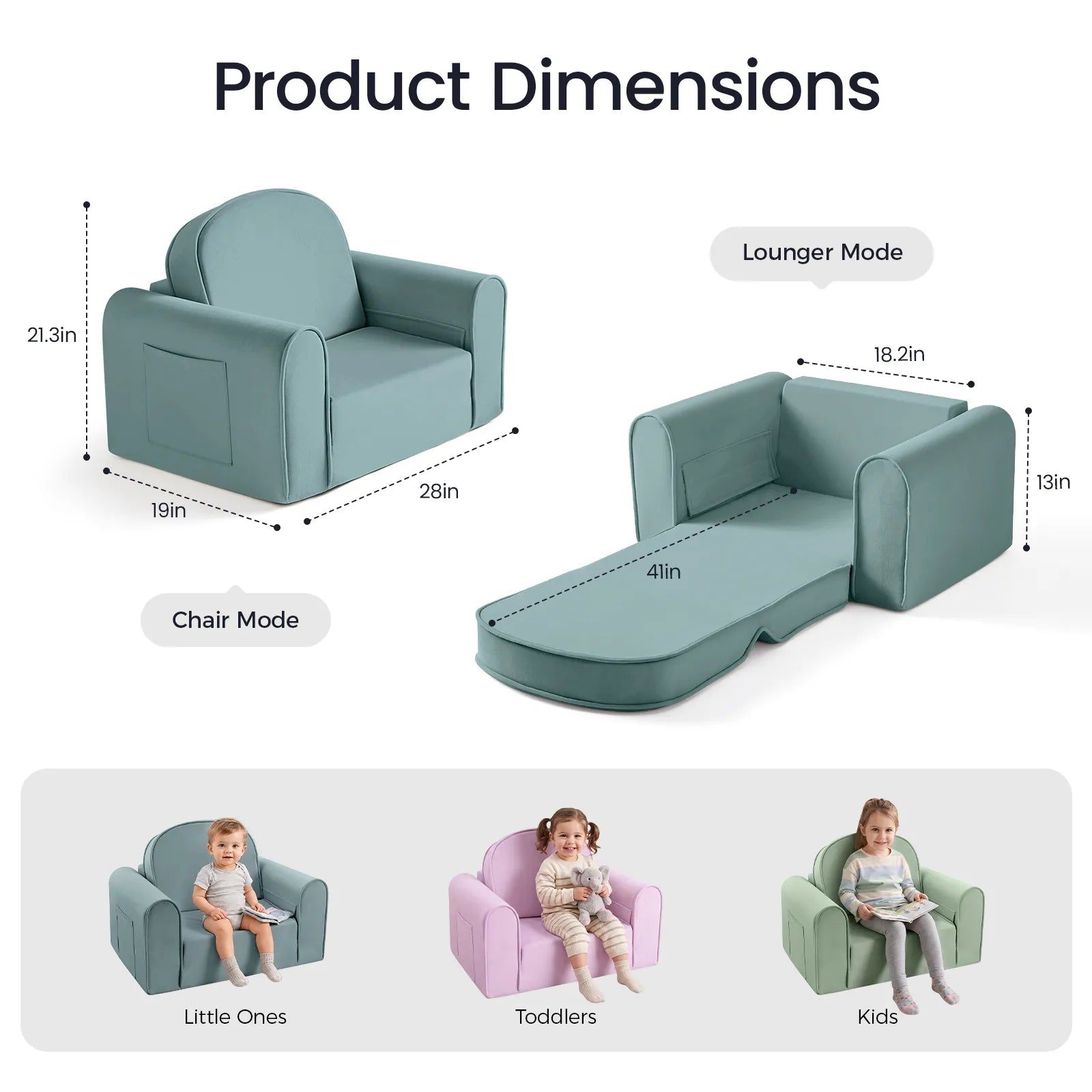 The Tiny Land® GentleSnug Kids Sofa Chair, shown here in teal in both chair and lounger modes with dimensions, is perfect playroom furniture that adapts as your child grows—from Little Ones to Toddlers and Kids. Three children sit on chairs of different colors, labeling each stage—a versatile toddler sofa designed for every age by Tiny Land.|Blue