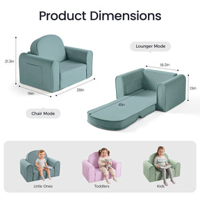 The Tiny Land® GentleSnug Kids Sofa Chair, shown here in teal in both chair and lounger modes with dimensions, is perfect playroom furniture that adapts as your child grows—from Little Ones to Toddlers and Kids. Three children sit on chairs of different colors, labeling each stage—a versatile toddler sofa designed for every age by Tiny Land.|Blue