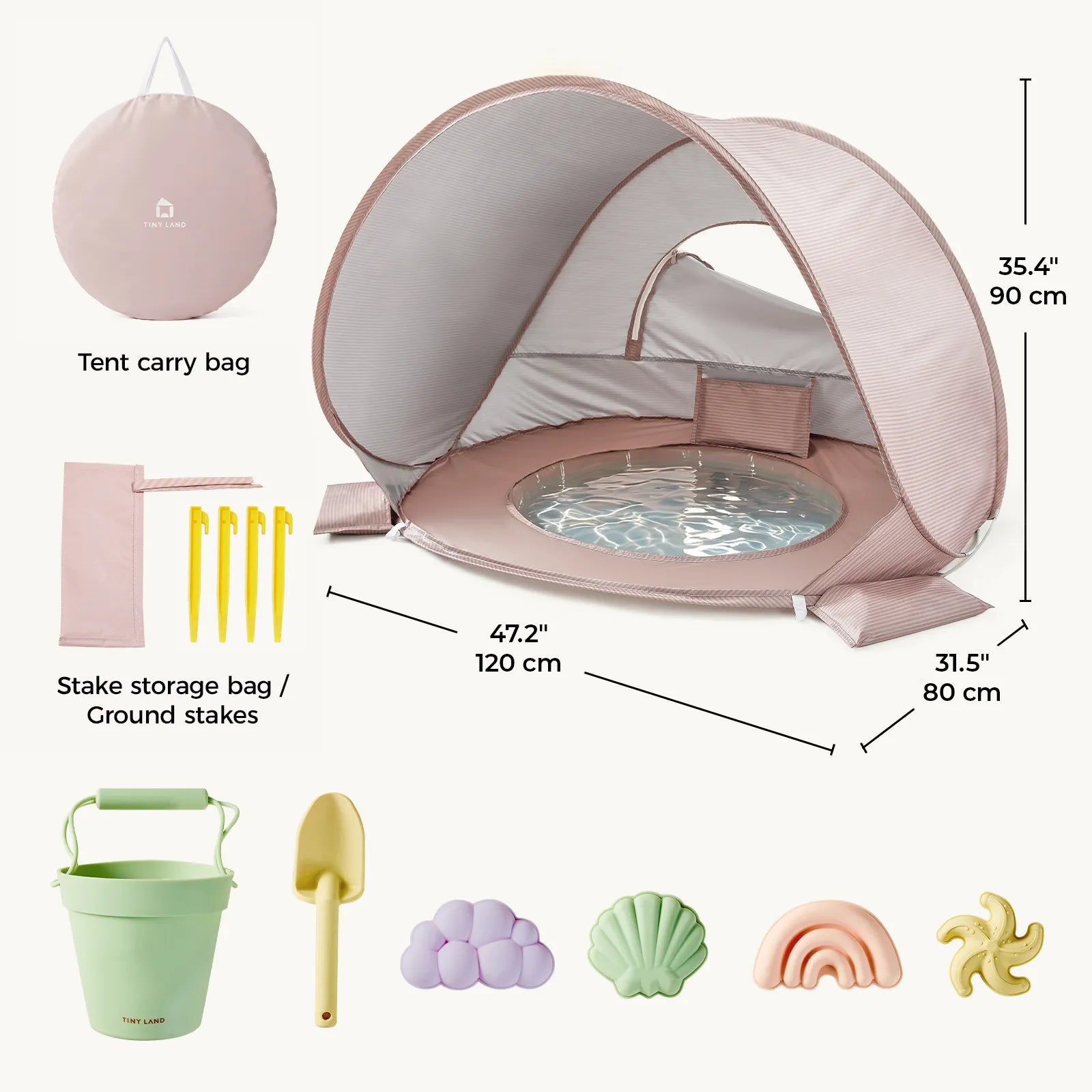 The Tiny Land® 4-in-1 Baby Beach Tent & Sand Toy Set by Tiny Land is shown in pink with a built-in pool, carry bag, ground stakes, and pastel beach toys—bucket, shovel, cloud, seashell, and star—for fun sand and water play.|Pink
