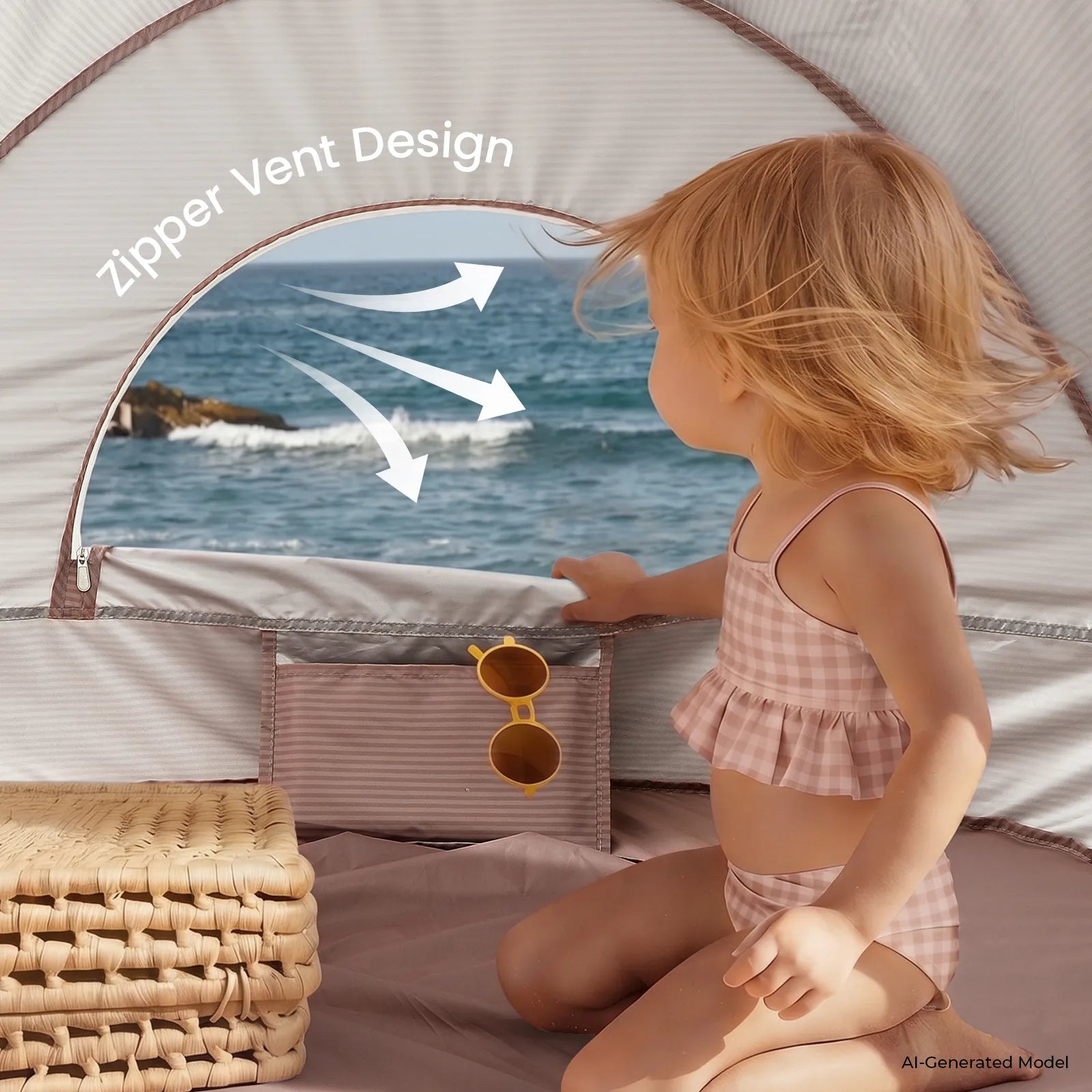 A young child in a pink checkered swimsuit sits inside the Tiny Land® 4-in-1 Baby Beach Tent & Sand Toy Set by Tiny Land, looking out at the ocean. Sunglasses and a woven basket are nearby. Arrows show the tent’s zipper vent for sand and water play.|Pink