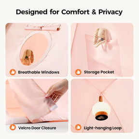 A graphic highlights features of the Tiny Land® Kids Bed Tent: a bunny at the round window, toys in a storage pocket, velcro door closure shown by hand, and a lamp hanging from a loop. Text emphasizes comfort and privacy.|Pink