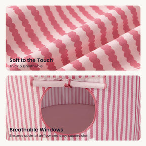 Close-up of the pink and white striped fabric with wavy lines shows the texture of the Tiny Land® Kids Tent – Indoor Tent for Toddlers. Below, a circular window is set in the fabric with a bow detail, highlighting its breathable design—perfect for an indoor playhouse. Text emphasizes the softness and breathability from Tiny Land.|Pink