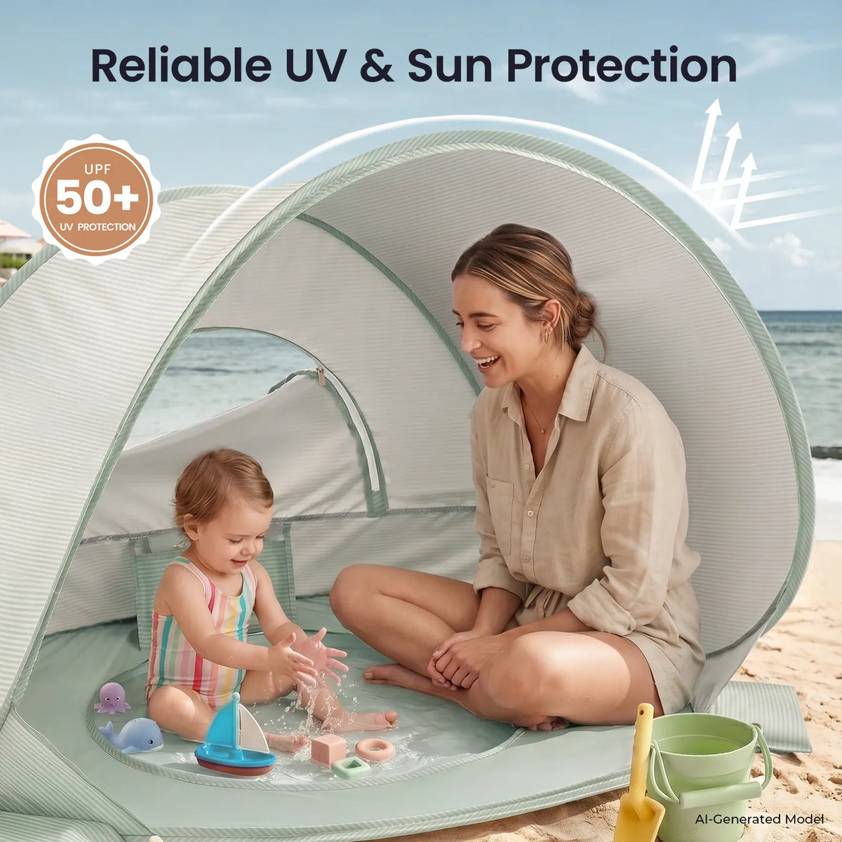 A woman and toddler play with sand and water in the Tiny Land® 4-in-1 Baby Beach Tent & Sand Toy Set by Tiny Land. Text: “Reliable UV & Sun Protection” and “UPF 50+ UV Protection.” The scene is set on a sunny, sandy beach.|Green
