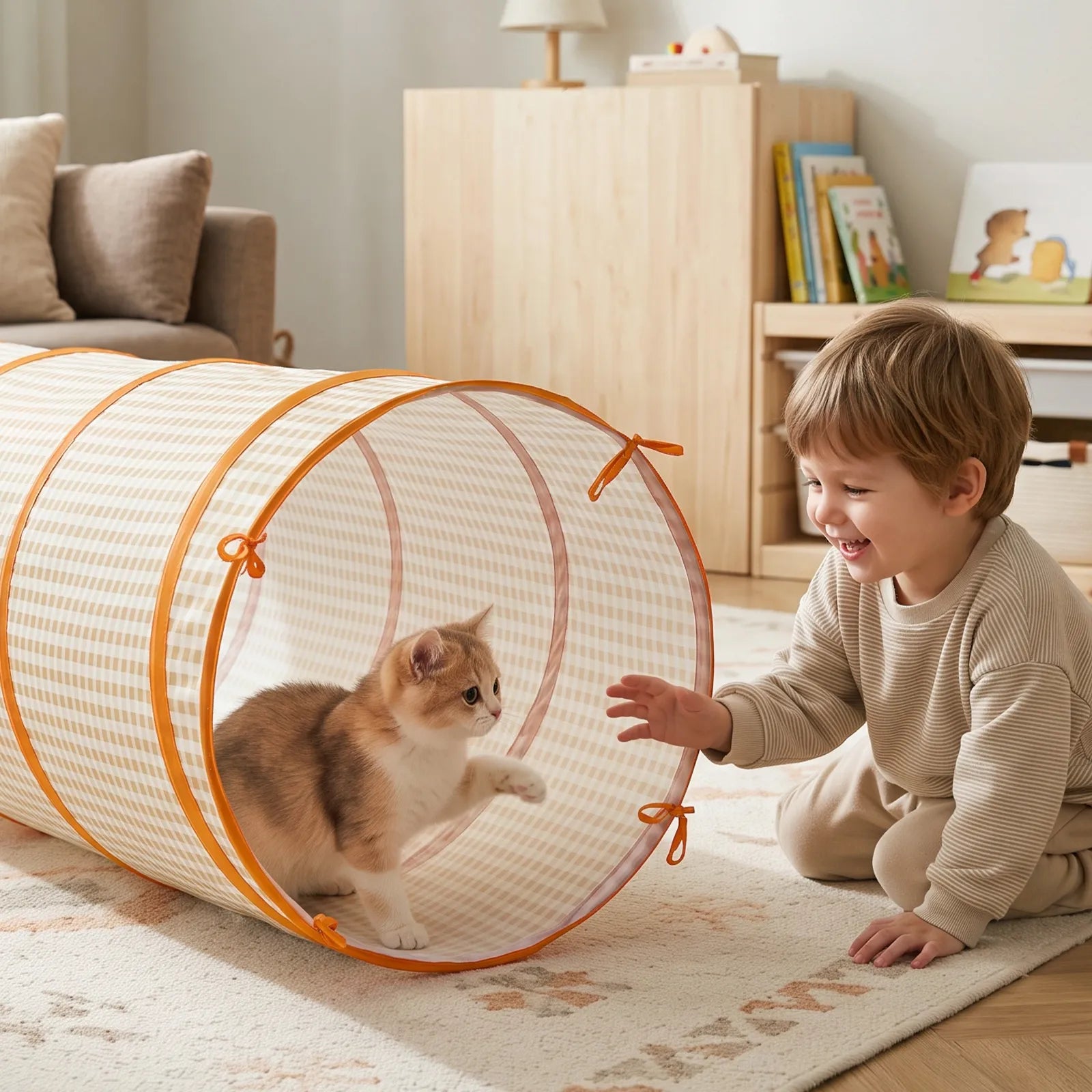 A young child reaches out to a cat inside a beige and orange gingham Tiny Land® Adventure Play Tunnel.|Yellow