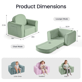The Tiny Land® GentleSnug Kids Sofa Chair by Tiny Land is shown in Chair Mode (21.3″H x 28″W) and Lounger Mode (extends to 41″). Perfect as a toddler sofa or a cozy flip-open kids chair, it’s an ideal piece of playroom furniture. The bottom row features children—little ones, toddlers, and kids—enjoying similar chairs.|Light Green