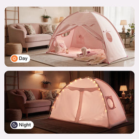 A cozy living room features the Tiny Land® Kids Bed Tent: by day, this Tiny Land tent is bright and inviting for kids; at night, string lights give it a magical glow, making it the perfect indoor hideaway.|Pink