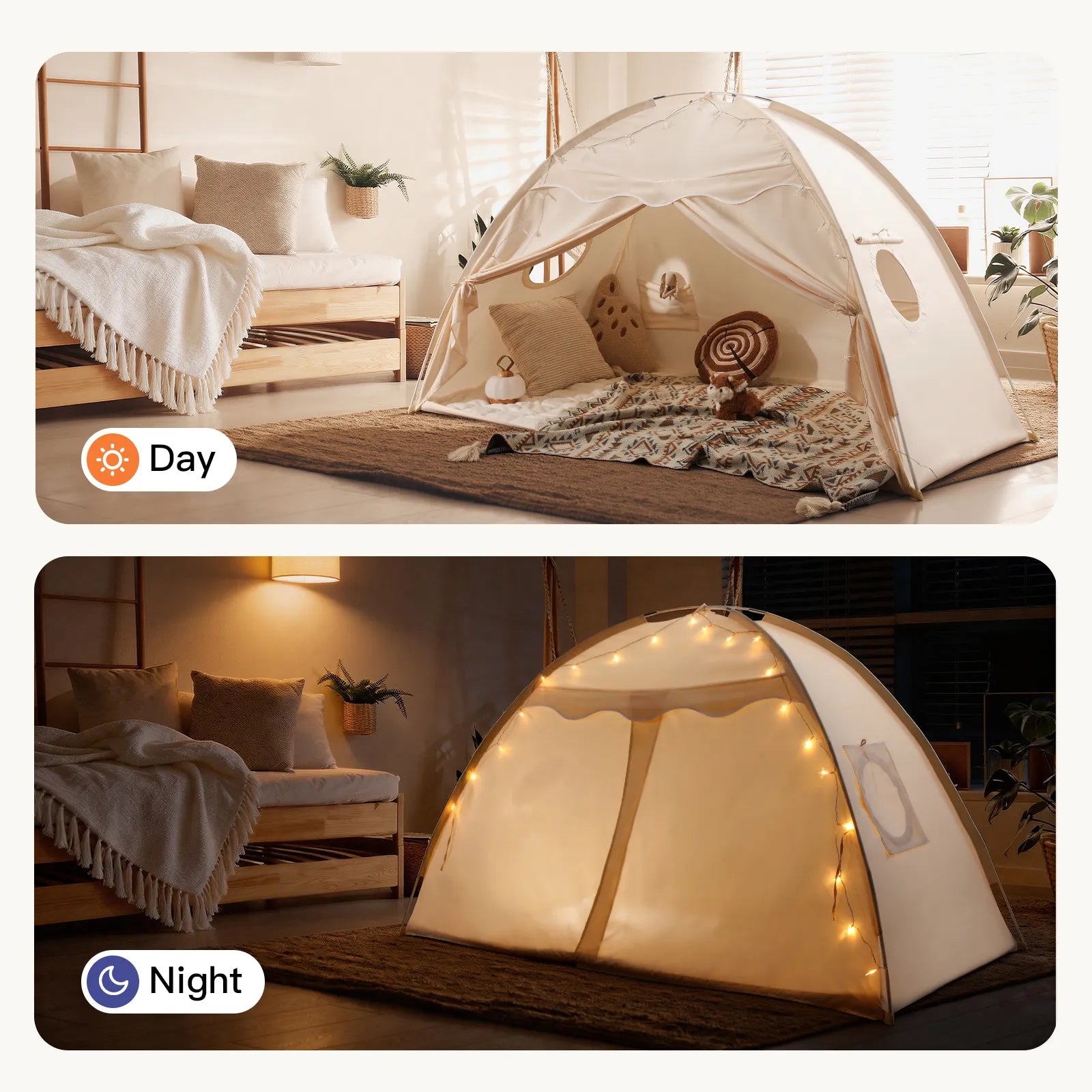 Two images of the Tiny Land® Kids Bed Tent: top shows it in daylight with pillows and blankets; bottom shows the tent warmly lit by fairy lights at night—an ideal indoor hideaway from Tiny Land for kids.|Beige