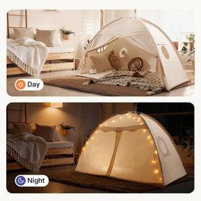 Two images of the Tiny Land® Kids Bed Tent: top shows it in daylight with pillows and blankets; bottom shows the tent warmly lit by fairy lights at night—an ideal indoor hideaway from Tiny Land for kids.|Beige