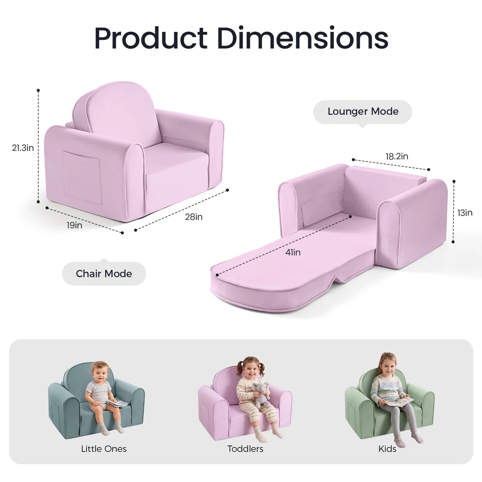 The Tiny Land® GentleSnug Kids Sofa Chair by Tiny Land is displayed in both chair and lounger configurations with dimensions. Three children use similar Tiny Land playroom furniture, each labeled for little ones, toddlers, and kids. This versatile flip-open chair measures 41 inches long as a lounger and 28 inches wide as a chair.|Light Purple
