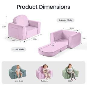 The Tiny Land® GentleSnug Kids Sofa Chair by Tiny Land is displayed in both chair and lounger configurations with dimensions. Three children use similar Tiny Land playroom furniture, each labeled for little ones, toddlers, and kids. This versatile flip-open chair measures 41 inches long as a lounger and 28 inches wide as a chair.|Light Purple