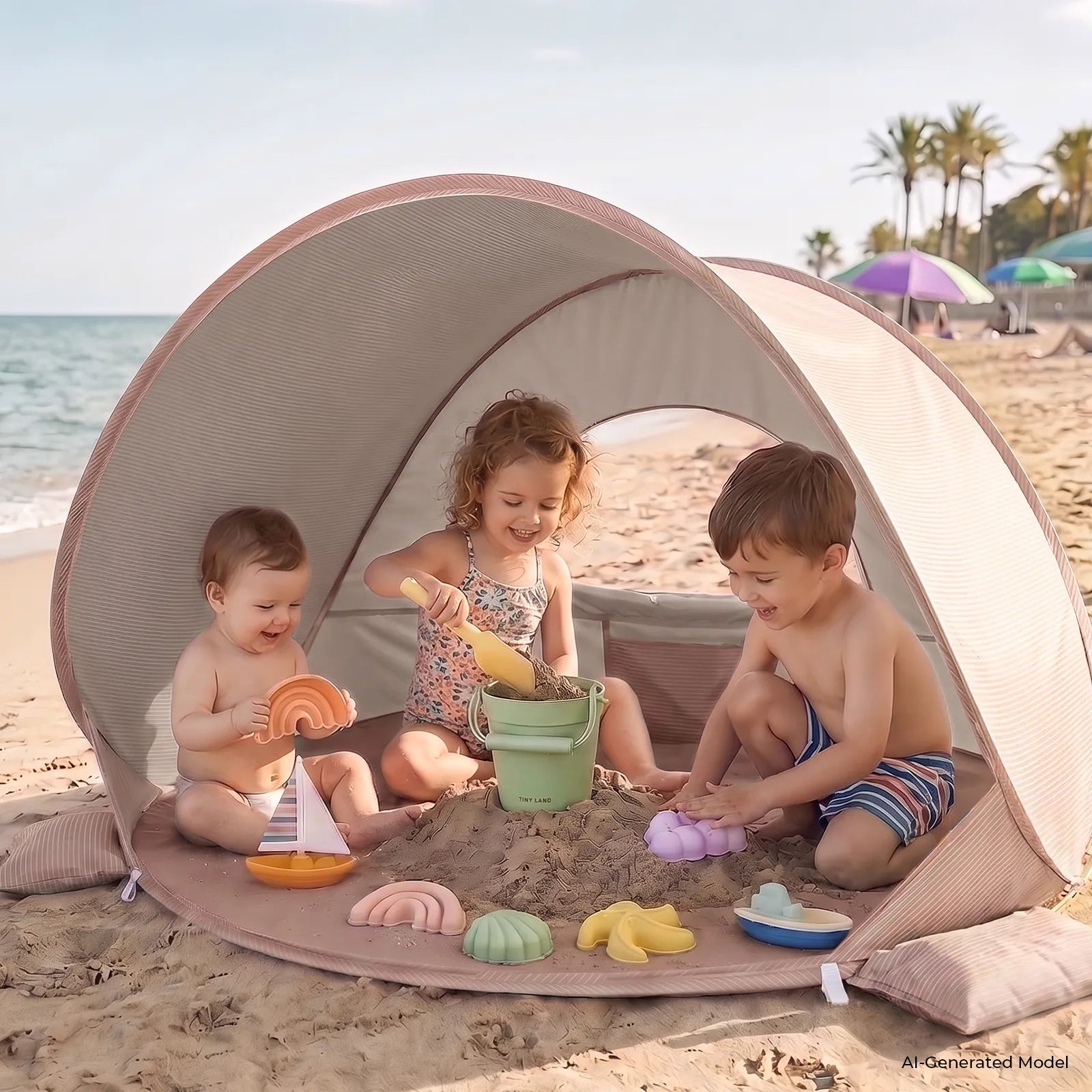 Three children play with pails and colorful molds from the Tiny Land® 4-in-1 Baby Beach Tent & Sand Toy Set on a sunny beach. The sea and umbrellas are visible, making it perfect for sand and water play by Tiny Land.|Pink