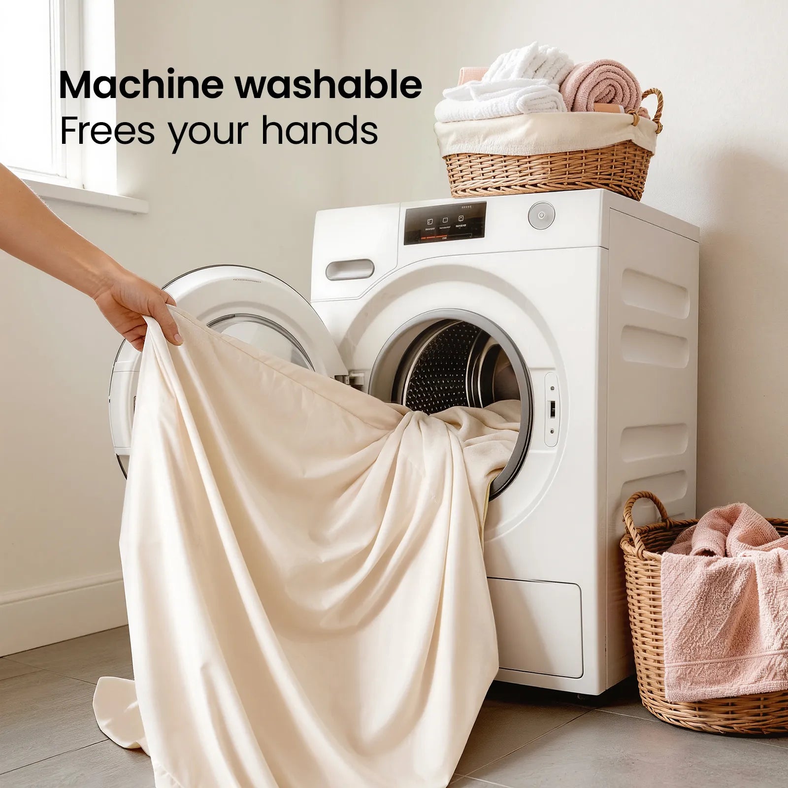 A person loads the Tiny Land® Kids Bed Tent, a light-colored fabric, into a front-loading washer. Towels and linens sit nearby. Text: Machine washable—keeps your hands free and perfect for your indoor tent from Tiny Land.|Beige