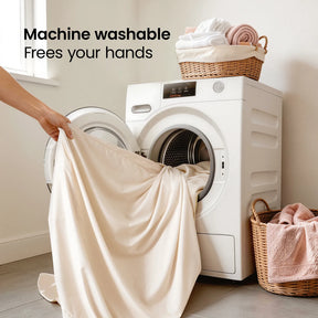 A person loads the Tiny Land® Kids Bed Tent, a light-colored fabric, into a front-loading washer. Towels and linens sit nearby. Text: Machine washable—keeps your hands free and perfect for your indoor tent from Tiny Land.|Beige
