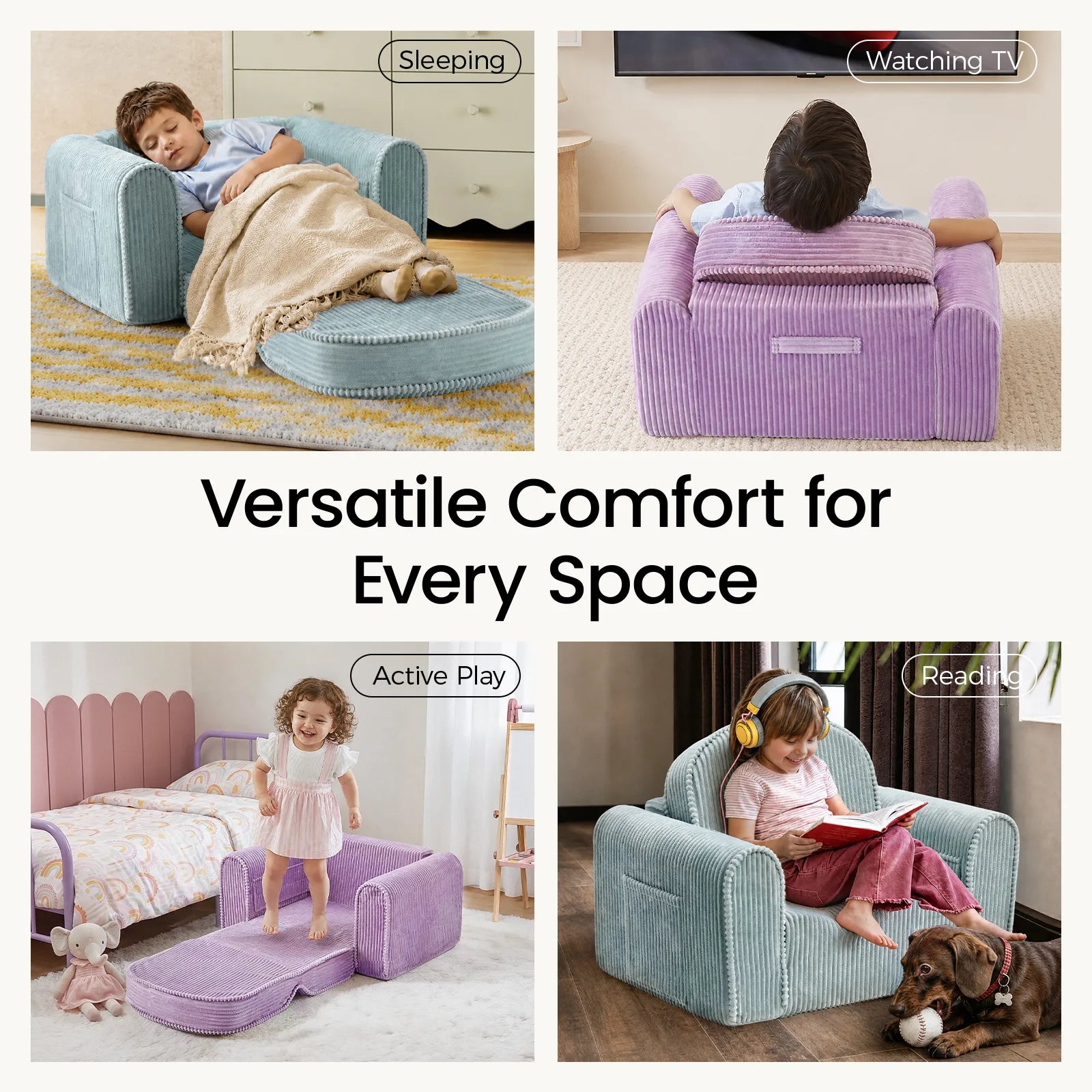 Four images display children enjoying the Tiny Land® GentleSnug Corduroy Kid Chair in various activities—sleeping, watching TV, playing, and reading. Crafted by Tiny Land with easy-to-clean corduroy and high-resilience foam, this chair delivers versatile comfort for any space.|Purple