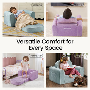 Four images display children enjoying the Tiny Land® GentleSnug Corduroy Kid Chair in various activities—sleeping, watching TV, playing, and reading. Crafted by Tiny Land with easy-to-clean corduroy and high-resilience foam, this chair delivers versatile comfort for any space.|Purple