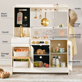 The Tiny Land® BistroSwitch Kitchen & Fridge Set by Tiny Land features a blackboard, faucet, oven, refrigerator, countertop, storage box, storage bench, hooks, utensils, and neatly organized toy food items throughout. This interactive play kitchen encourages imaginative play and is the ideal pretend play set for kids who love to cook and explore.