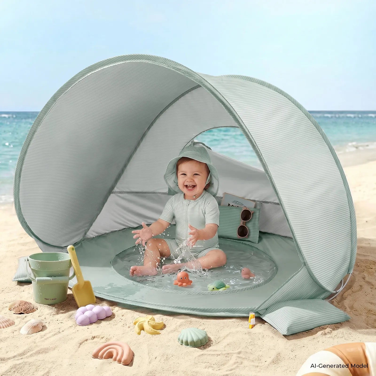 A smiling baby plays in a pool beneath the mint-green Tiny Land® 4-in-1 Baby Beach Tent, surrounded by Tiny Land sand toys, molds, and a bucket and shovel—the perfect setup for fun by the ocean.|Green