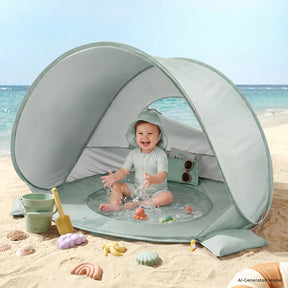 A smiling baby plays in a pool beneath the mint-green Tiny Land® 4-in-1 Baby Beach Tent, surrounded by Tiny Land sand toys, molds, and a bucket and shovel—the perfect setup for fun by the ocean.|Green