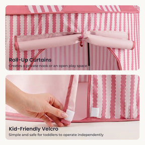 Two images: The top shows the Tiny Land® Kids Tent with pink striped curtains rolled up and tied. The bottom highlights a hand opening the kids tent flap using white Velcro strips. Text emphasizes roll-up curtains and kid-friendly Velcro for easy, safe use—ideal features of the Tiny Land® Kids Tent for any indoor playhouse.|Pink