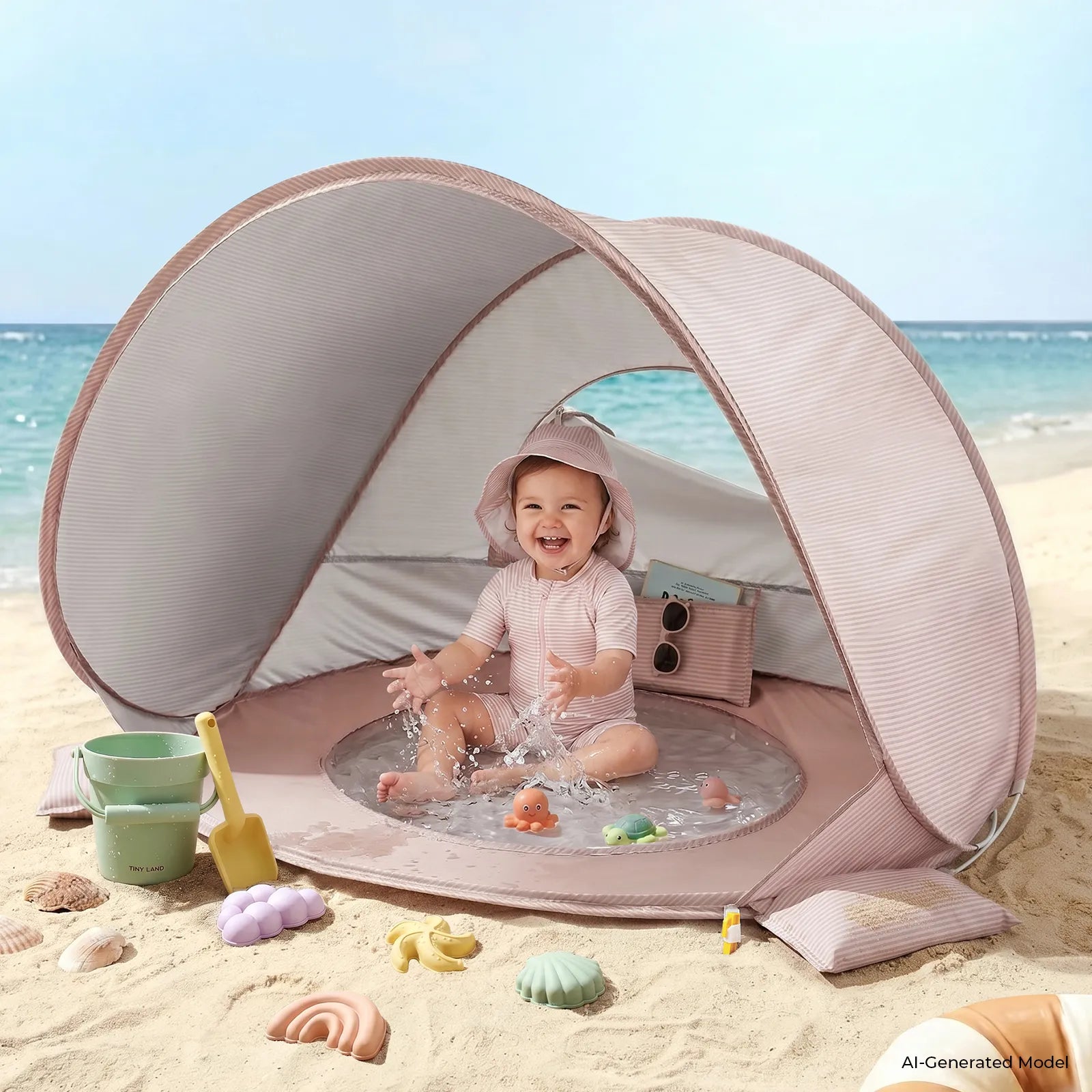 A happy baby plays in the Tiny Land® 4-in-1 Baby Beach Tent & Sand Toy Set by Tiny Land, splashing on the sand with colorful toys and a bucket, under a clear blue sky—ideal for endless sand and water fun at the beach.|Pink