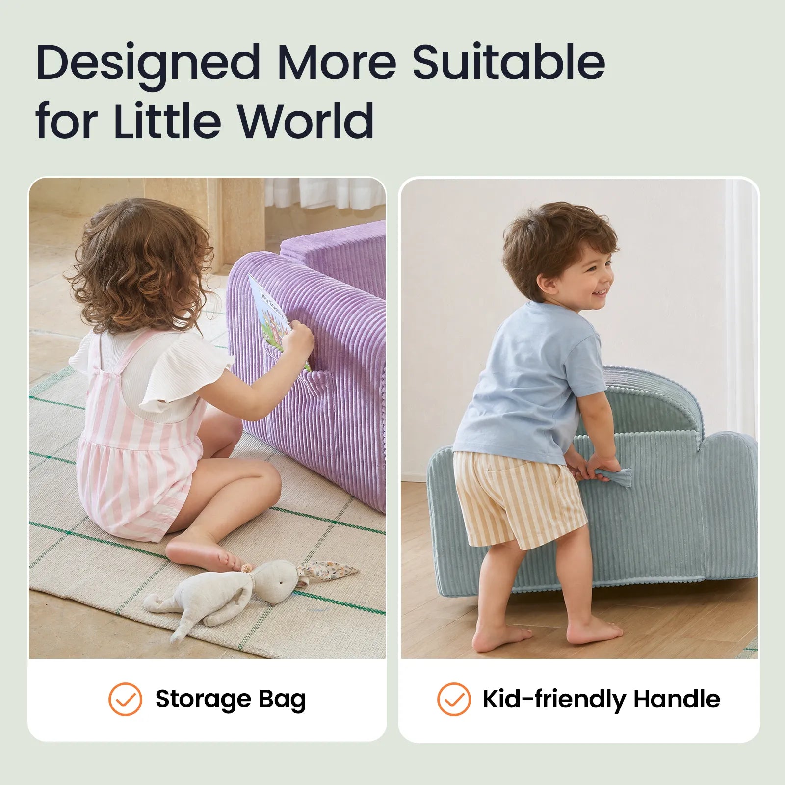 Two toddlers demonstrate features of the Tiny Land® GentleSnug Corduroy Kid Chair: one girl uses the integrated storage bag on a purple chair crafted from easy-to-clean corduroy, while one boy lifts a blue Tiny Land chair by its kid-friendly handle to reveal the high-resilience foam interior. Both children look playful and comfortable as product features are highlighted in the text.|Purple