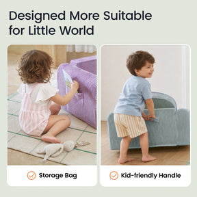 Two toddlers demonstrate features of the Tiny Land® GentleSnug Corduroy Kid Chair: one girl uses the integrated storage bag on a purple chair crafted from easy-to-clean corduroy, while one boy lifts a blue Tiny Land chair by its kid-friendly handle to reveal the high-resilience foam interior. Both children look playful and comfortable as product features are highlighted in the text.|Purple