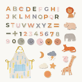 Brightly colored alphabet letters, numbers, animal faces, and symbols decorate this charming set from Tiny Land. Included are illustrated animals (lion, hippo, elephant, cheetah, giraffe, unicorn), along with a moon, star, sun, clouds—and a child’s apron featuring a blue pocket and yellow straps. Perfect for creative play on the Tiny Land® Double-Sided Arched Magnet Chalkboard or any chalkboard whiteboard designed for children.