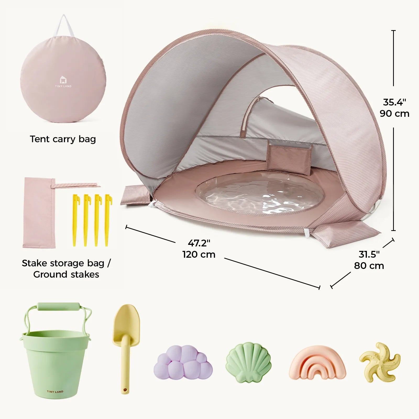 Tiny Land® 4-in-1 Baby Beach Tent & Sand Toy Set by Tiny Land includes a pink tent with clear window, carrying bag, stake storage bag, 4 yellow ground stakes, green bucket, yellow shovel & 4 sand molds—ideal for sand and water play. Tent size shown.|Pink