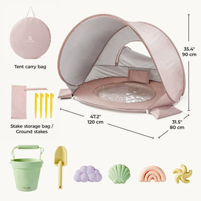 Tiny Land® 4-in-1 Baby Beach Tent & Sand Toy Set by Tiny Land includes a pink tent with clear window, carrying bag, stake storage bag, 4 yellow ground stakes, green bucket, yellow shovel & 4 sand molds—ideal for sand and water play. Tent size shown.|Pink