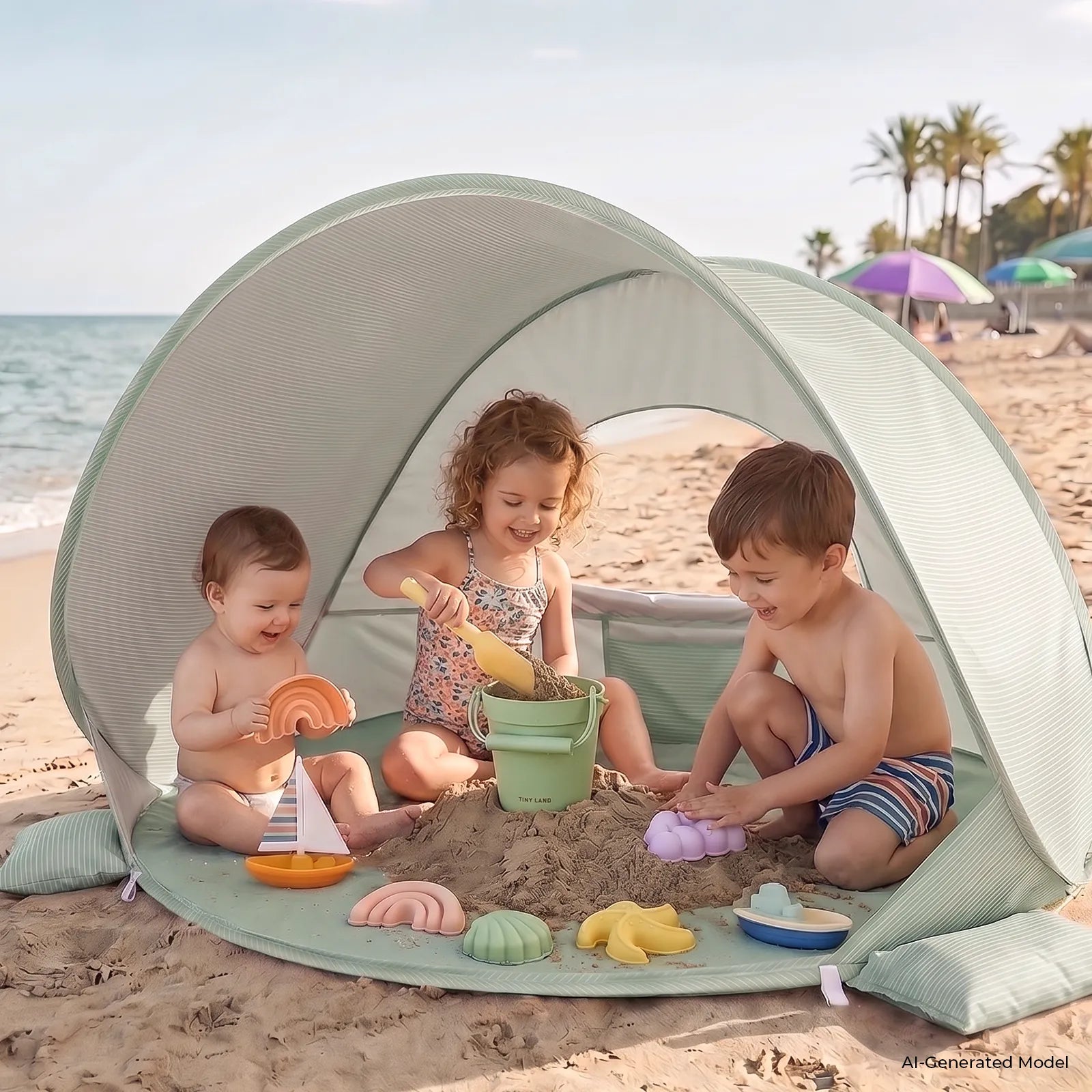 Three kids play with colorful toys from the Tiny Land® 4-in-1 Baby Beach Tent & Sand Toy Set under a toddler tent by the ocean. Palm trees and umbrellas are in the background, making it perfect for sand and water play.|Green