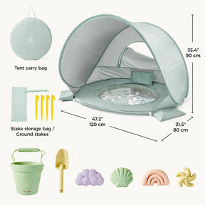 The Tiny Land® 4-in-1 Baby Beach Tent & Sand Toy Set features a portable mint green tent with sunshade, water pool, carrying bag, stakes, shovel, bucket, and four pastel sand molds—shell, leaf, flower, and swirl.|Green