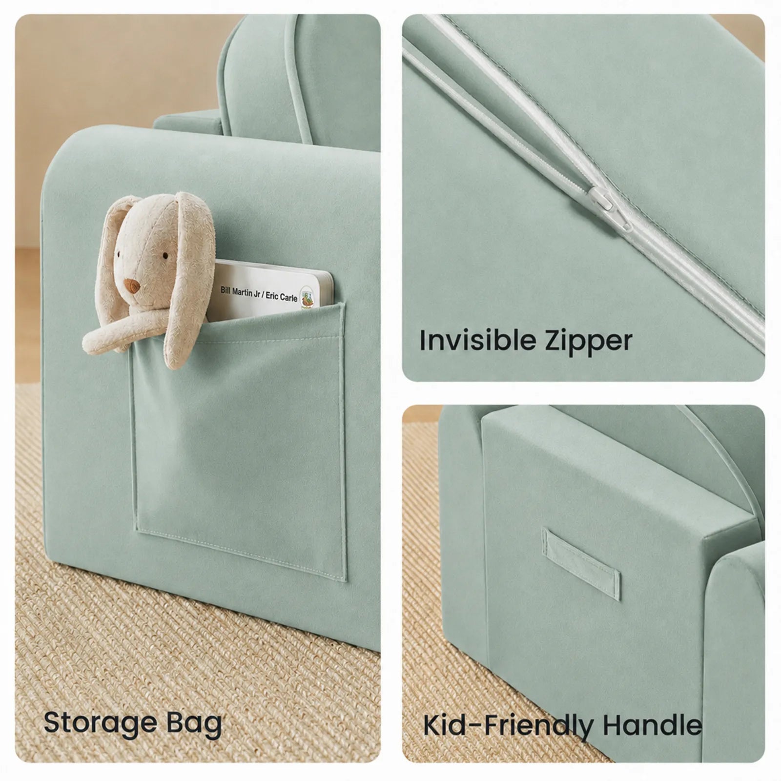 The Tiny Land® GentleSnug Kids Sofa Chair in pale green has a side storage pocket for toys and books, an invisible zipper on the backrest, and a back handle for easy carrying. Text labels highlight each feature.