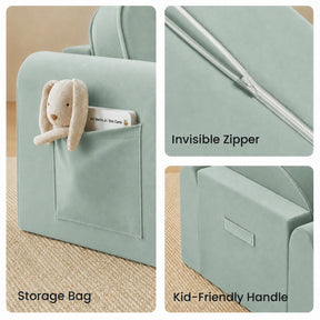 The Tiny Land® GentleSnug Kids Sofa Chair in pale green has a side storage pocket for toys and books, an invisible zipper on the backrest, and a back handle for easy carrying. Text labels highlight each feature.