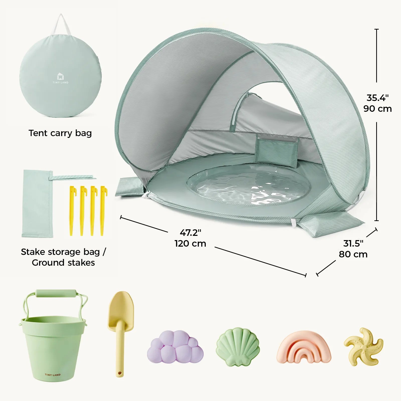 The Tiny Land® 4-in-1 Baby Beach Tent & Sand Toy Set by Tiny Land includes a light green toddler tent with circular carry bag, stake pouch with stakes, pale green bucket and shovel, and four pastel sand molds—ideal for fun at the beach.|Green